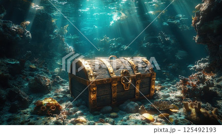 Underwater treasure chest surrounded by vibrant coral reefs in a sunlit ocean environment filled with marine life Underwater treasure chest surrounded by vibrant coral reefs in a sunlit ocean environment filled with marine life 125492193