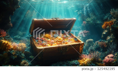 Underwater treasure chest surrounded by colorful coral in a vibrant marine ecosystem 125492195