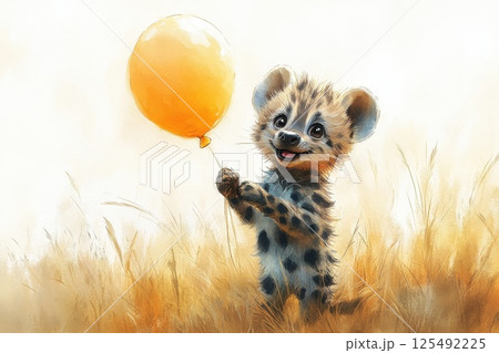 Cute hyena holding a yellow balloon in a grassy field during daylight Cute hyena holding a yellow balloon in a grassy field during daylight 125492225