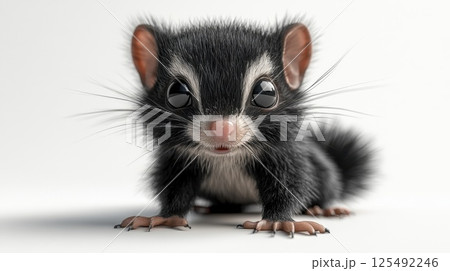 Cute small creature with striking black and white fur and large eyes sitting on a light background during a playful moment 125492246