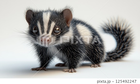 Cute and playful black and white animal with fluffy tail standing on a plain background showcasing its joyful expression and charming features 125492247