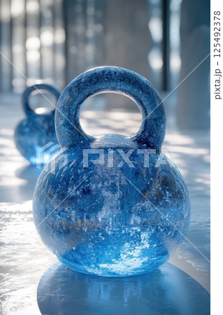 Unique blue kettlebells made of transparent material placed on a bright surface in a modern indoor setting during daylight hours 125492378