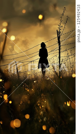 Silhouette of a woman standing near barbed wire fence at dusk with glowing lights and atmospheric clouds in the background Silhouette of a woman standing near barbed wire fence at dusk with glowing lights and atmospheric clouds in the background 125492418