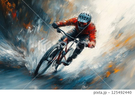 Cyclist racing through a dynamic landscape in vibrant orange gear during an exhilarating downhill ride 125492440