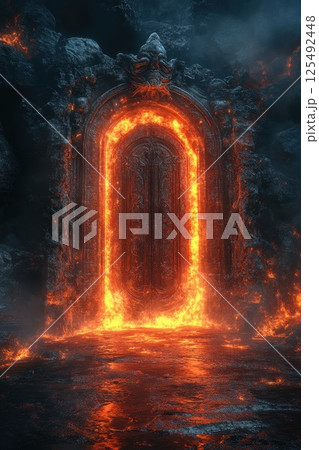 Mystical door surrounded by flowing lava and dark rock formations in a fiery landscape at dusk 125492448
