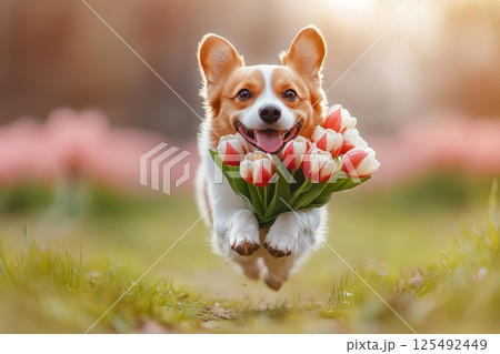 Happy dog running in a field of tulips while proudly holding a bouquet of colorful flowers in a vibrant spring atmosphere 125492449