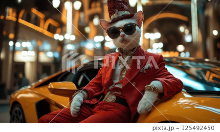 Cat dressed in stylish red suit and sunglasses relaxes on luxury sports car in vibrant urban nightlife setting 125492450