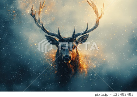 Majestic stag emerges from misty forest in early morning light with dramatic background and soft bokeh effect highlighting its impressive antlers and wild nature 125492493