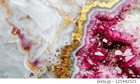 Close-up of beautiful geode with vibrant pink crystals and gold veins, showcasing natural mineral beauty and intricate patterns. Close-up of beautiful geode with vibrant pink crystals and gold veins, showcasing natural mineral beauty and intricate patterns. 125492525