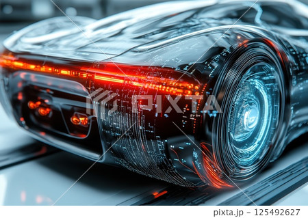 Futuristic car design showcases advanced technology and sleek aesthetics in a modern automotive setting filled with dynamic lighting 125492627