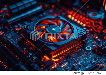 Close-up of a high-performance computer cooling fan amid a vibrant motherboard featuring intricate circuitry illuminated by red and blue lights in a tech-focused environment 125492628
