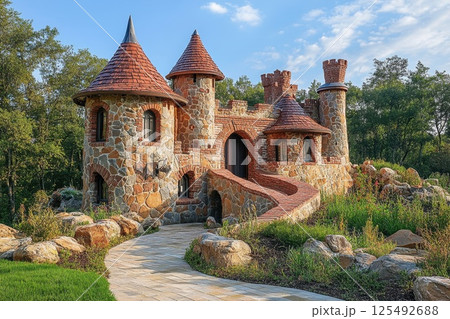 Beautiful stone castle surrounded by greenery and flowers in a serene landscape on a sunny day with blue skies 125492688