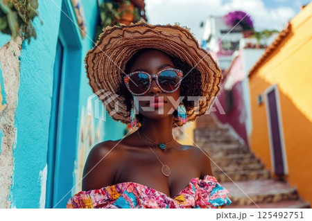 Vibrant summer fashion moment captured in a colorful street, featuring a woman wearing a wide-brimmed hat and stylish sunglasses under bright sunlight in a vibrant setting 125492751