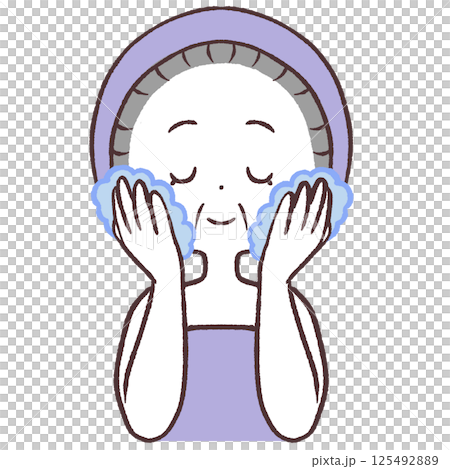 一位老年婦女洗臉的插圖 125492889