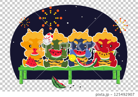 A background illustration of colorful demons eating watermelon with fireworks in the background A background illustration of colorful demons eating watermelon with fireworks in the background 125492907