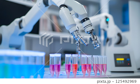 Biotech lab with robotic arms manipulating DNA samples 125492969