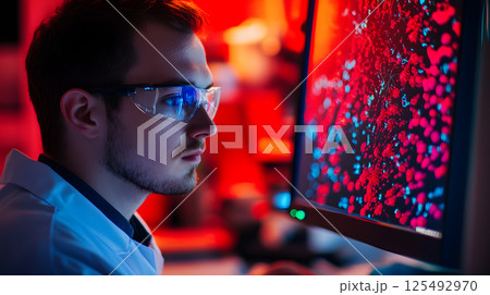 Biotech researcher using advanced computer software 125492970