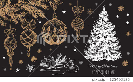 Christmas tree, toys, hand drawn style, vector illustration	 125493186