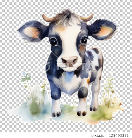 Cute black and white Holstein cow watercolor illustration 2 / flyer and poster material 125493351