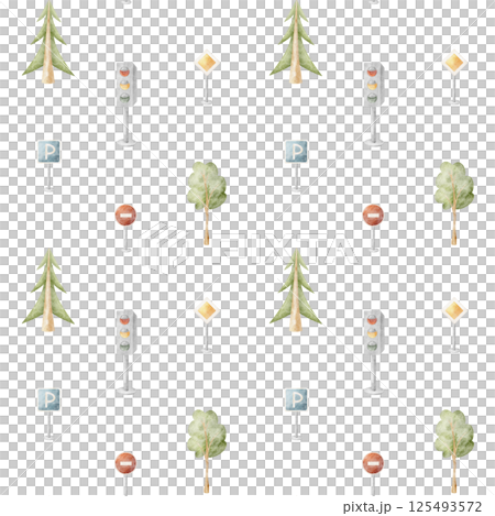 Pattern road signs, traffic lights, trees, fir tree, forest. Watercolor illustration hand-drawn in cartoon style. Seamless print children on background for fabric design, packaging, wallpaper, clothes 125493572