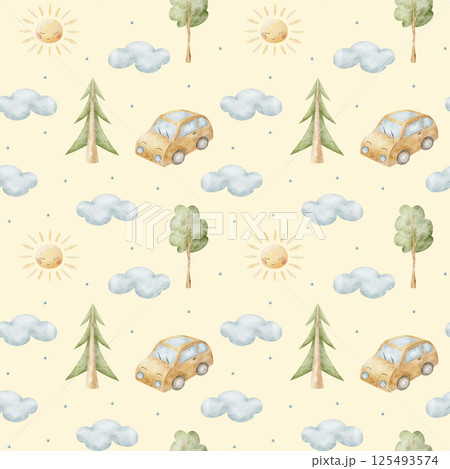 Watercolor pattern children's car, transport, trees, clouds, sun. Hand drawn illustration on yellow pastel background in cartoon. Seamless print, fabric, baby clothes, textiles, packaging, wallpaper Watercolor pattern children's car, transport, trees, clouds, sun. Hand drawn illustration on yellow pastel background in cartoon. Seamless print, fabric, baby clothes, textiles, packaging, wallpaper 125493574