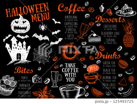 Halloween menu on black background, hand drawn illustrations. Halloween menu on black background, hand drawn illustrations. 125493725