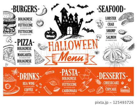 Halloween menu on black background, hand drawn illustrations. Halloween menu on black background, hand drawn illustrations. 125493726