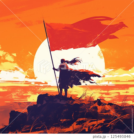 Warrior silhouette holding flag on hill against sunset background 125493846