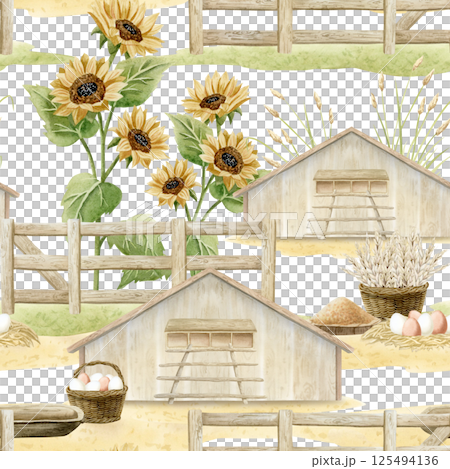 Farm seamless pattern with chicken coop, eggs, wheat harvest in wicker basket and millet bird food. Fall village watercolor repeat background with sunflowers for poultry yard designs 125494136