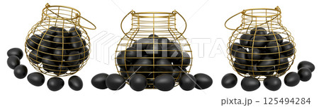 Wire baskets filled with eggs, isolated on white transparent background, concept of kitchen storage 125494284