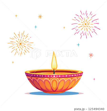 Vsai diwali festive oil lamp burning with fireworks celebrating light over darkness 125494340