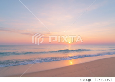 朝焼けに染まる静かな海と砂浜・早朝ビーチサンライズのイラスト素材