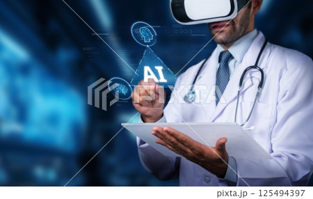 Doctor in Virtual Reality Gear Engaging with Artificial Intelligence Concepts in a Medical Environment for Innovative Healthcare Solutions. PHMT 125494397