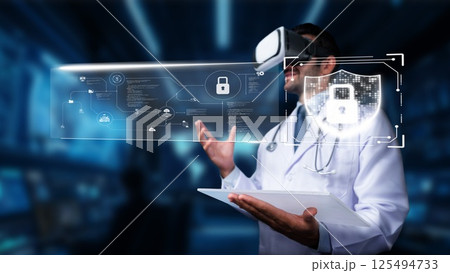 Medical Professional Wearing Virtual Reality Headset with Digital Security Interface in Futuristic Control Room. PHMT Medical Professional Wearing Virtual Reality Headset with Digital Security Interface in Futuristic Control Room. PHMT 125494733