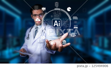 Medical Professional Using Artificial Intelligence Technology in Healthcare with Data and Icon Visuals in a Modern Medical Environment. PHMT 125494906
