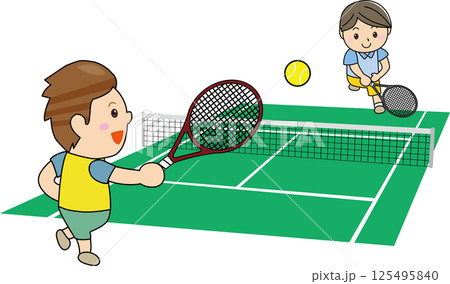 テニスコートでプレイする若者たちのイラスト テニスコートでプレイする若者たちのイラスト 125495840
