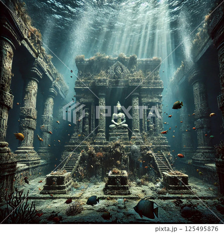神秘的な海底の古代寺院と魚たちの世界 神秘的な海底の古代寺院と魚たちの世界 125495876