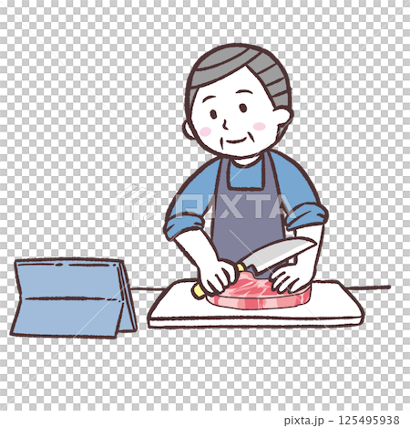 Illustration of a senior man cooking meat while watching a video 125495938