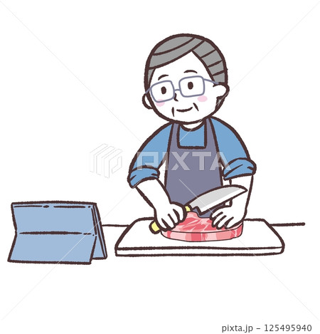 動画を見ながら肉を料理するメガネシニア男性イラスト 125495940