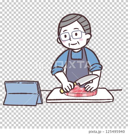 動画を見ながら肉を料理するメガネシニア男性イラスト 125495940
