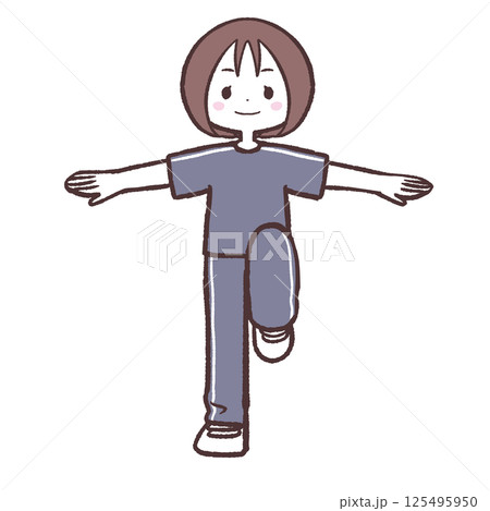 目を開け両手を広げ片足上げする人全身イラスト 125495950