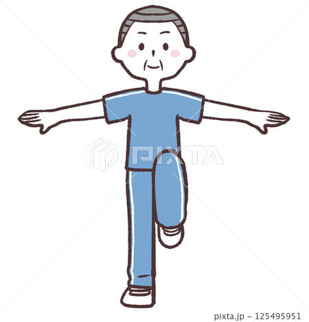 目を開け両手を広げ片足上げするシニア男性全身イラスト 125495951