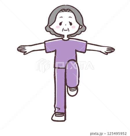 目を開け両手を広げ片足上げするシニア女性全身イラスト 目を開け両手を広げ片足上げするシニア女性全身イラスト 125495952