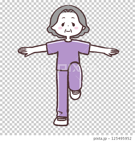 目を開け両手を広げ片足上げするシニア女性全身イラスト 目を開け両手を広げ片足上げするシニア女性全身イラスト 125495952