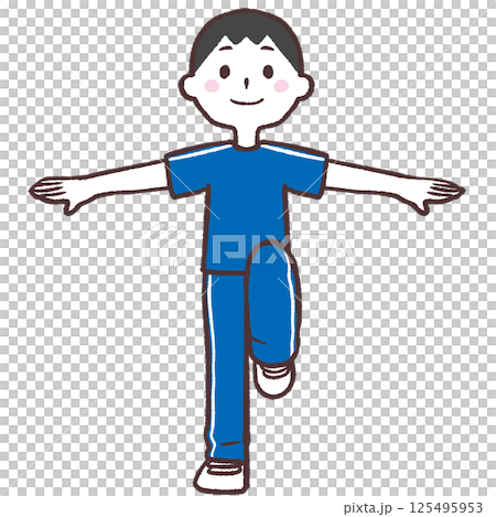 一名男子的全身插圖，睜著眼睛，張開雙臂，抬起一條腿 125495953