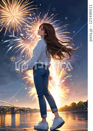 花火ではしゃぐ女の子 125496011