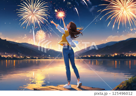 花火ではしゃぐ女の子 125496012