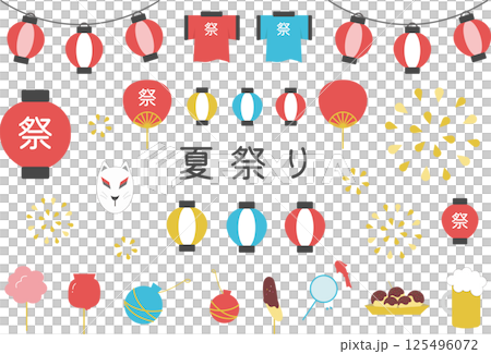 一組可愛的夏日祭典插圖（小吃攤、煙火、小吃攤），可用於傳單和海報 125496072