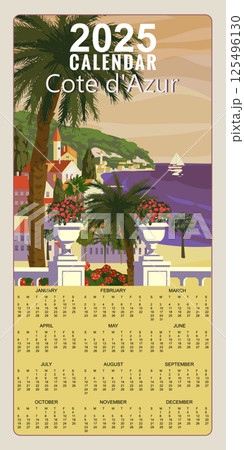 Calendar Monthly 2025 Cote de l azur French Riviera coast poster vintage. Resort, coast, sea, beach. Retro style illustration vector Calendar Monthly 2025 Cote de l azur French Riviera coast poster vintage. Resort, coast, sea, beach. Retro style illustration vector 125496130