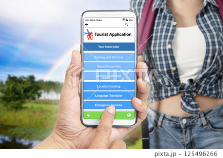 Travelers use tourist application on their smartphones to connect with services wherever they go. Travelers use tourist application on their smartphones to connect with services wherever they go. 125496266